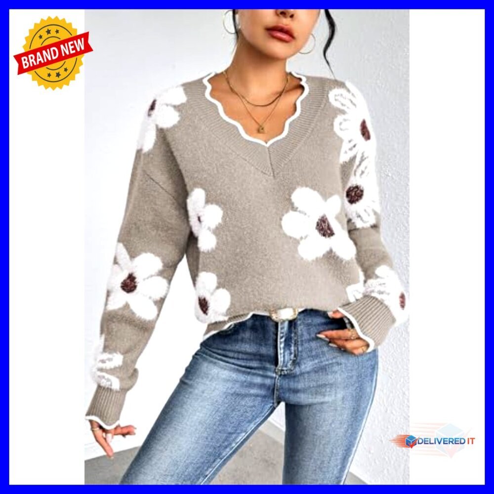 Oversized V-Neck Chunky Knit Pullover Sweater Fuzzy Long Sleeve Top - Picture 4 of 7